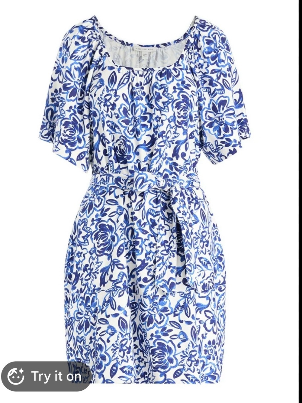 Blue Floral Midi Dress with Tie Waist